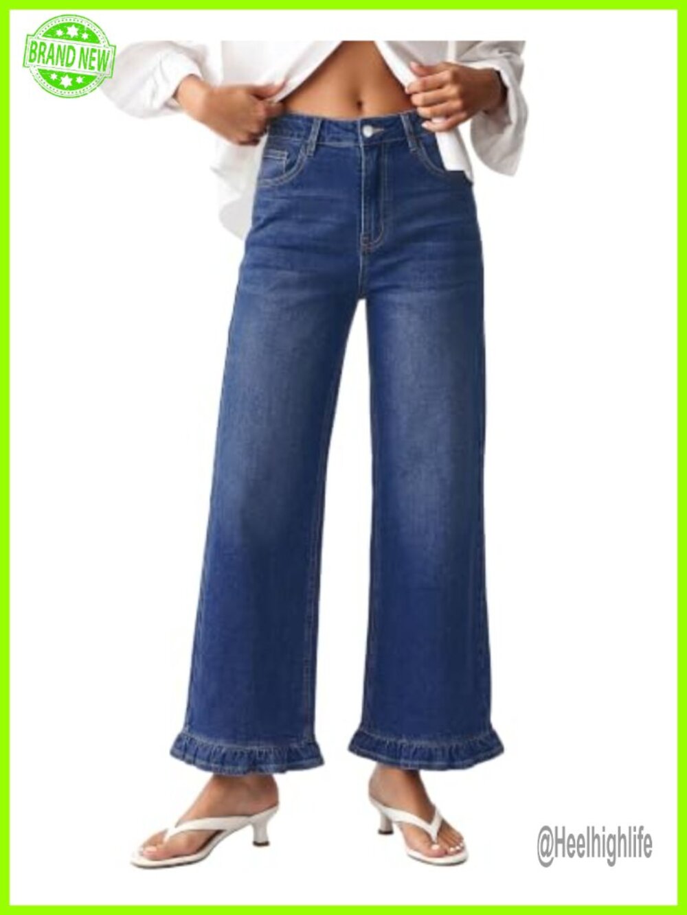 Wide Leg Jeans Ruffle Hem High Waisted Ankle Denim Pants Trendy Baggy Stretch